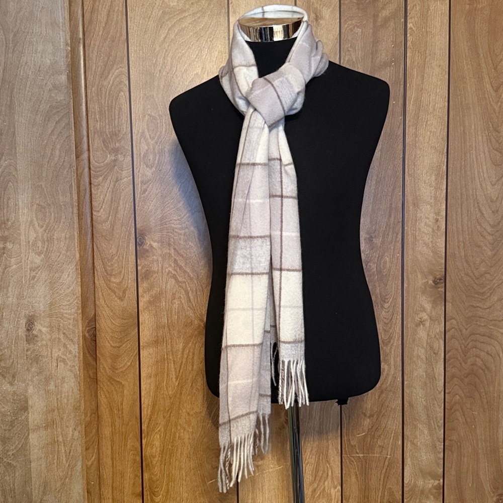 James Pringle Weavers Natural Box Check Pattern Fringe Scarf Unisex 100% Wool